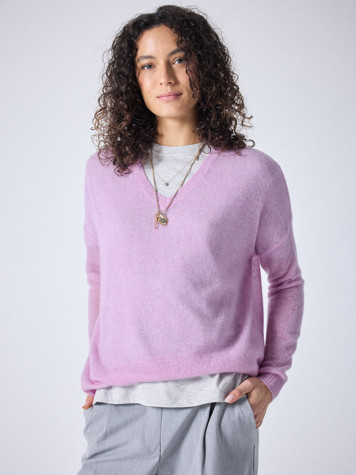 angelica - pull col v 100% cachemire - pink peony