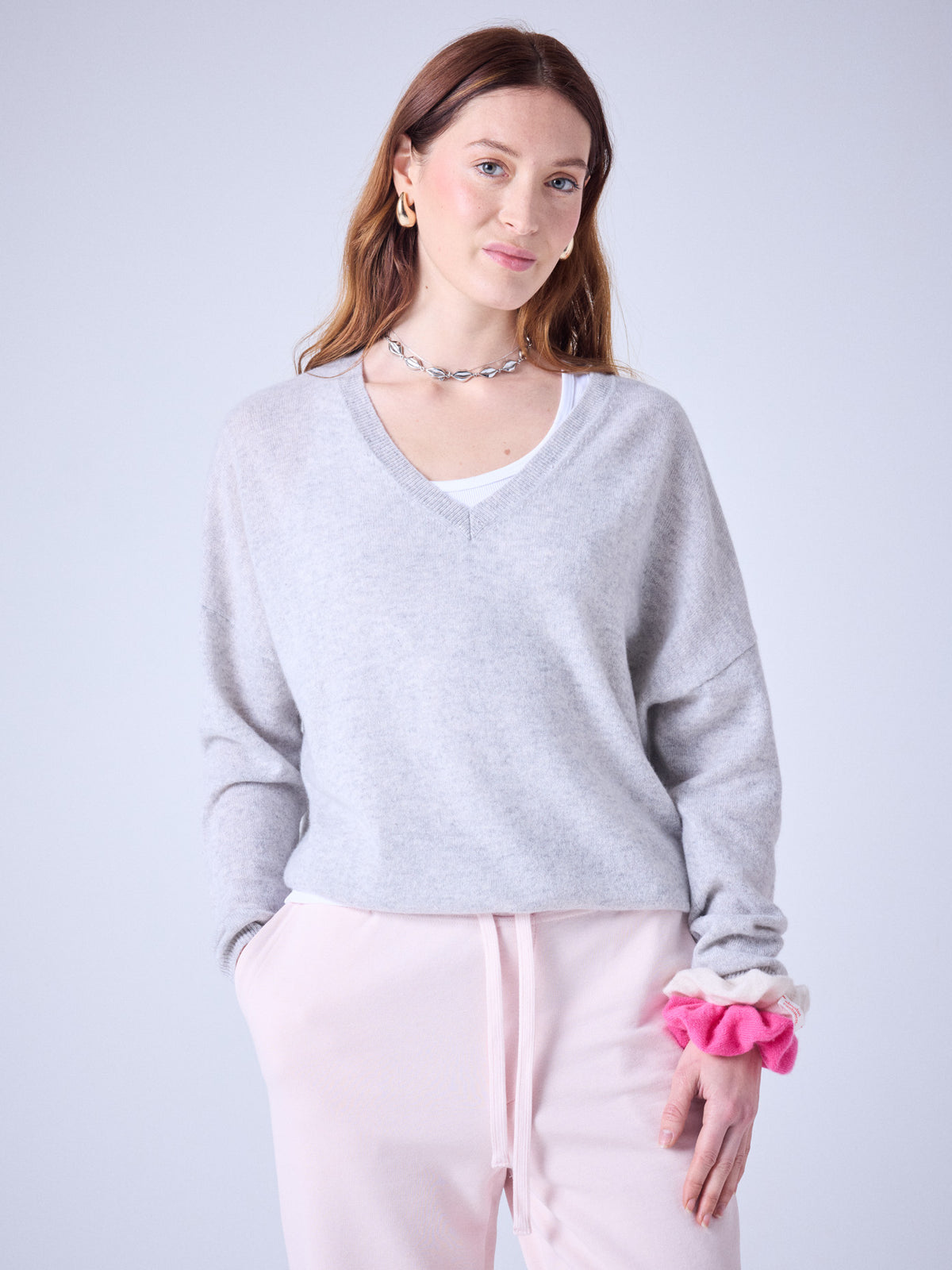 alicia - pull oversize col v cachemire - light heather grey