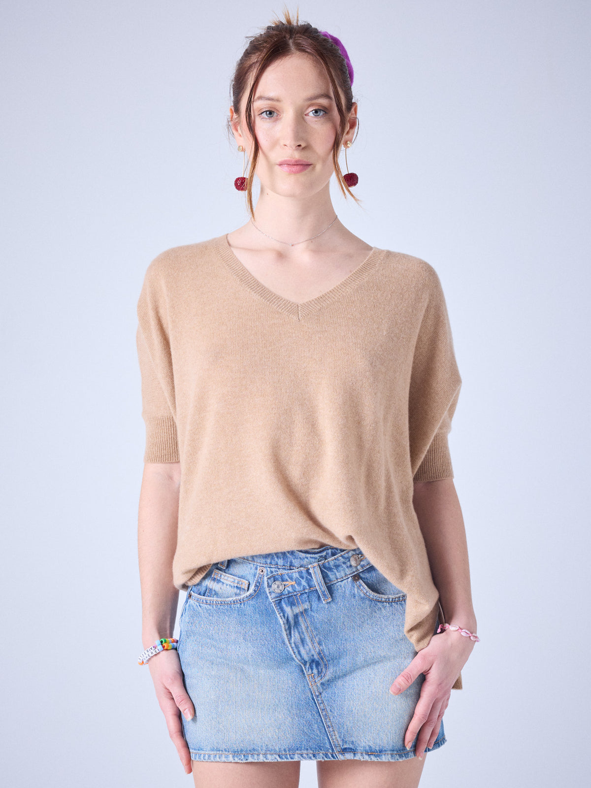 Ingrid - V-neck cashmere poncho - turron