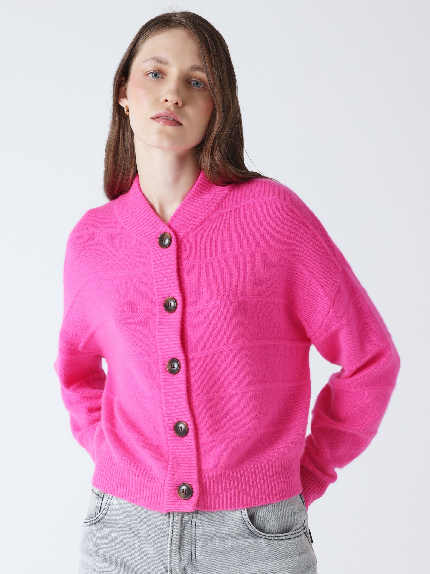 Margherita - Kaschmir-Cardigan mit Teddykragen - super pink neon
