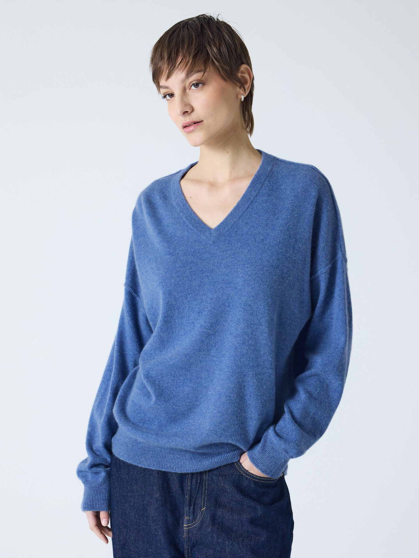 arden - Pull col V 100% cachemire - denim