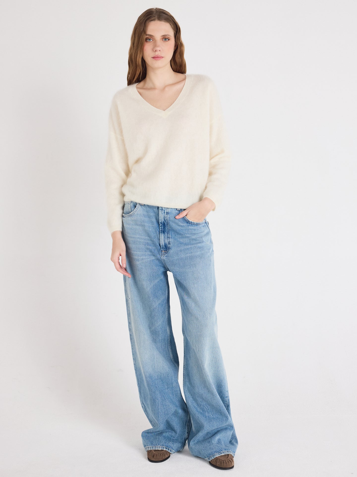 soeli - Pull col V en cachemire brossé - cream