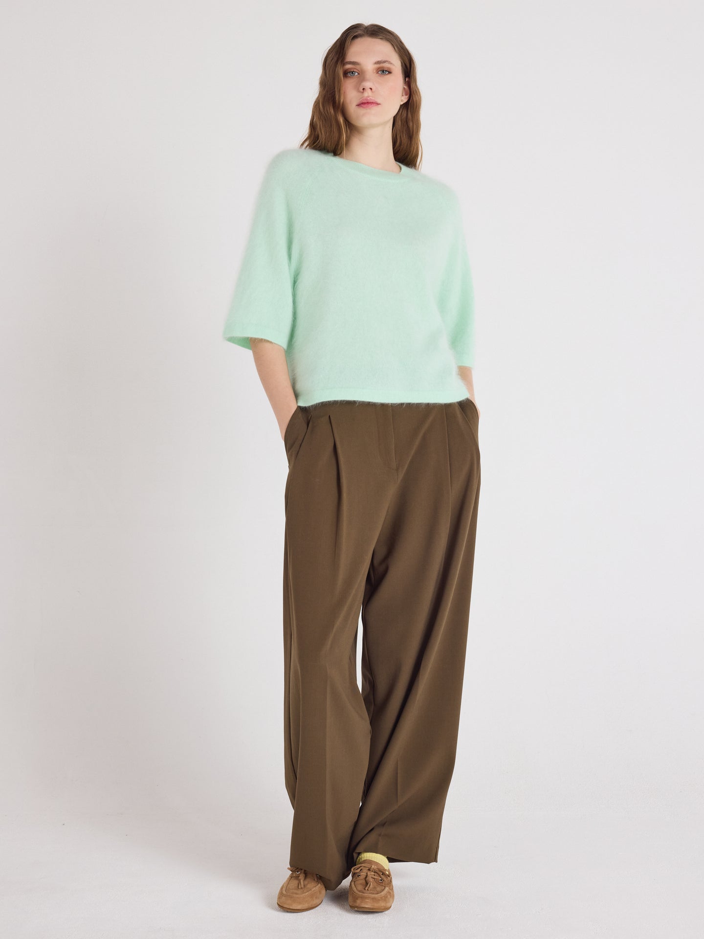 jenna - Pull col rond en cachemire brossé - nile green