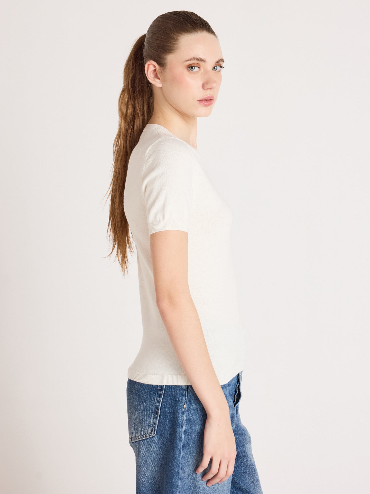 trui met korte mouwen amelia - katoen en kasjmier - cream