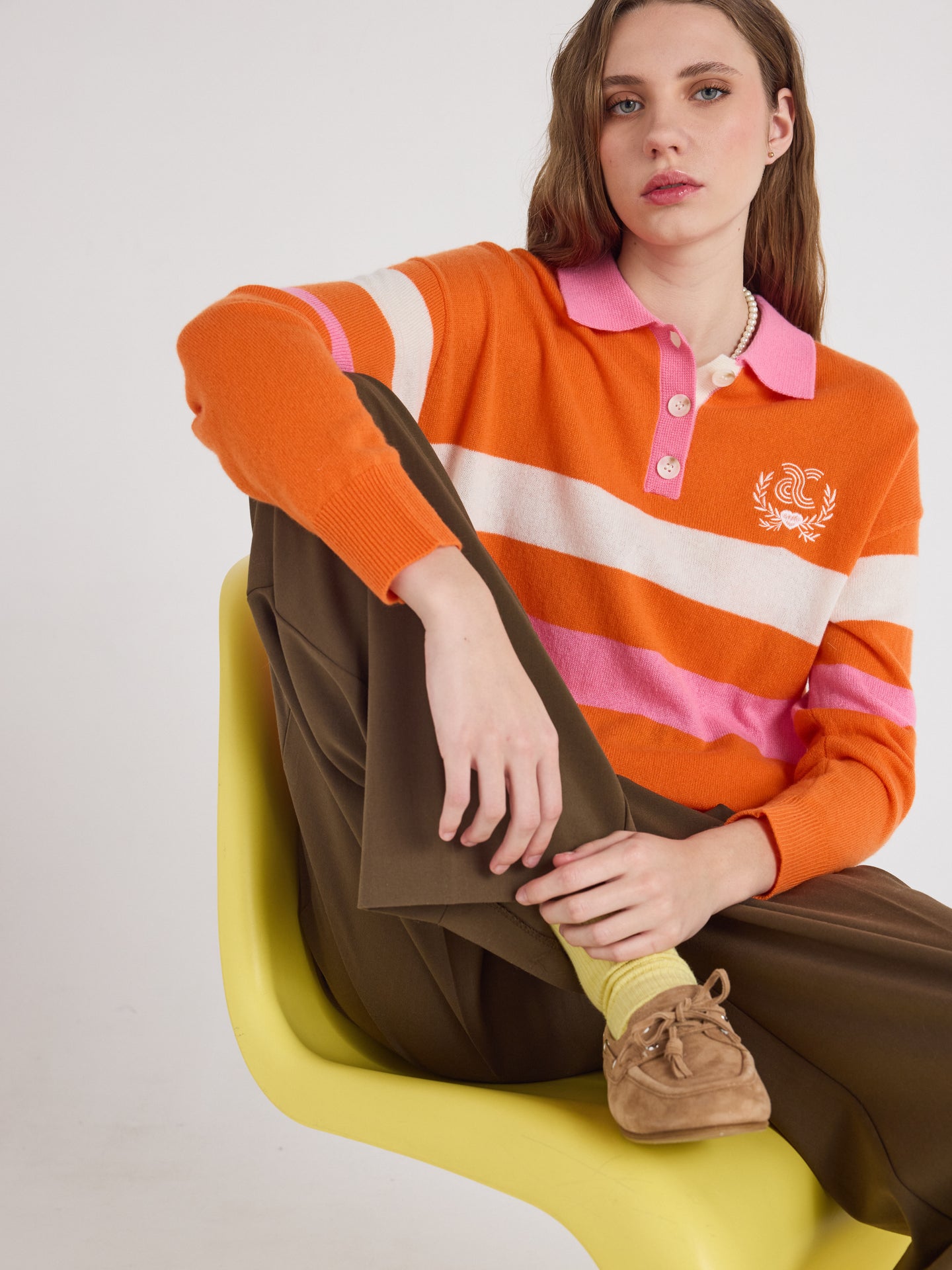 Cora - Patterned cashmere polo shirt - orange