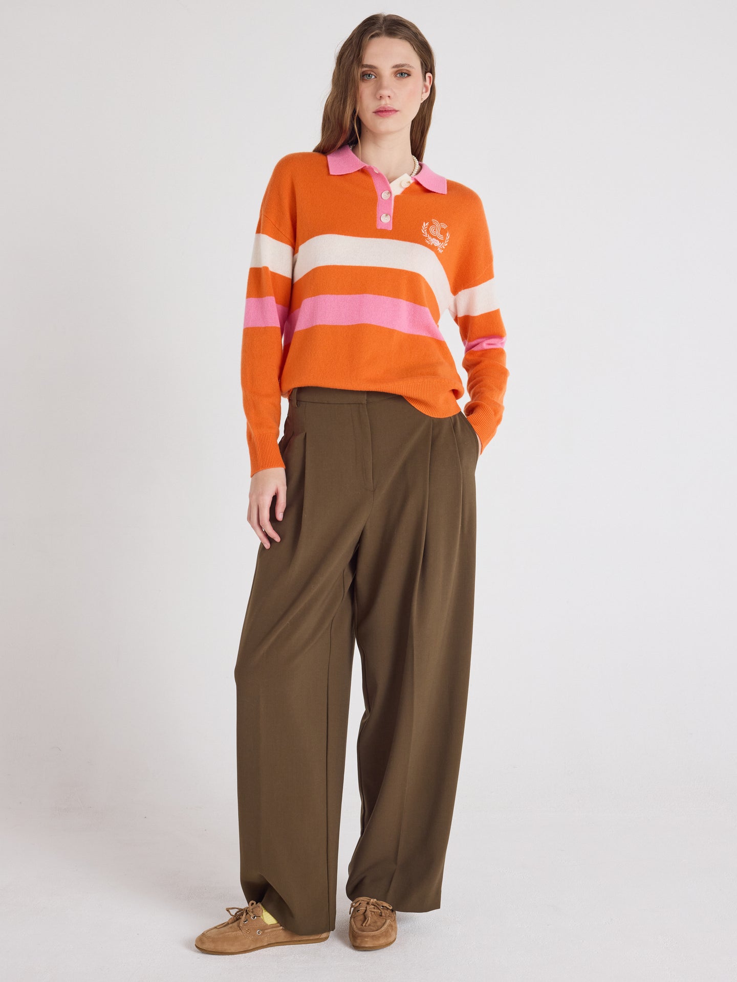 Cora - Patterned cashmere polo shirt - orange