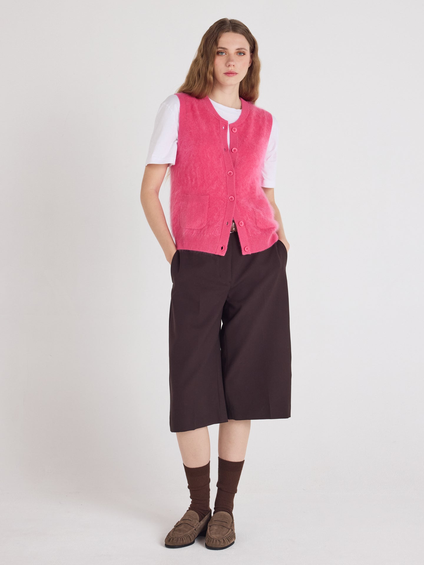 gilet lana - cashmere spazzolato - rosa lampone