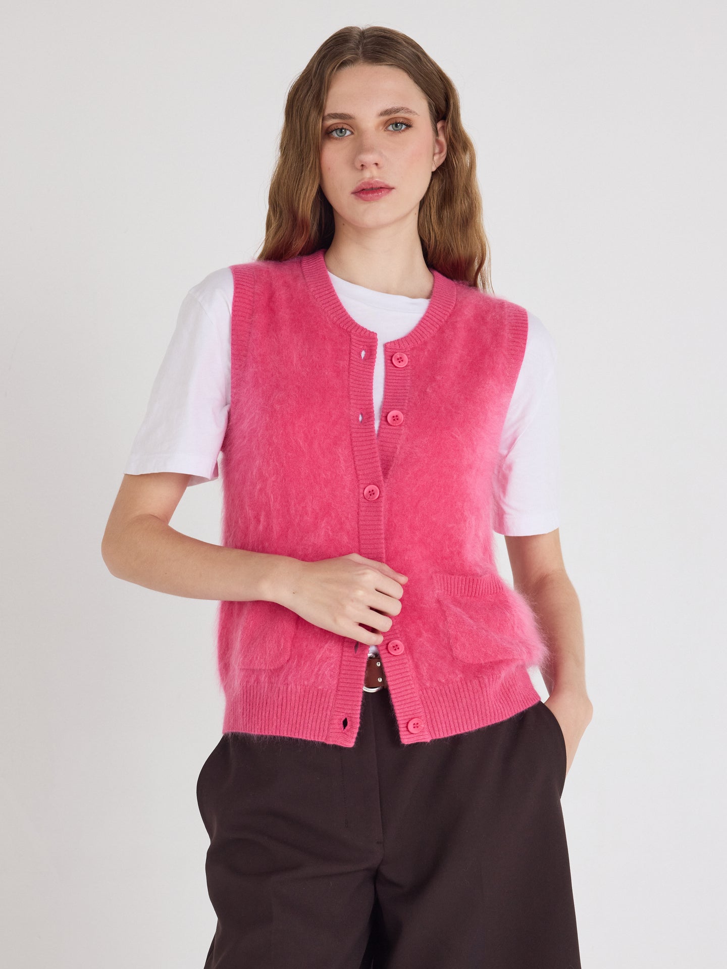 gilet lana - cashmere spazzolato - rosa lampone