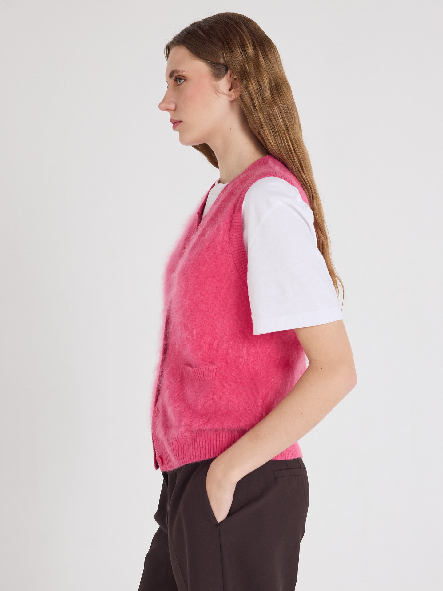 gilet lana - cashmere spazzolato - rosa lampone