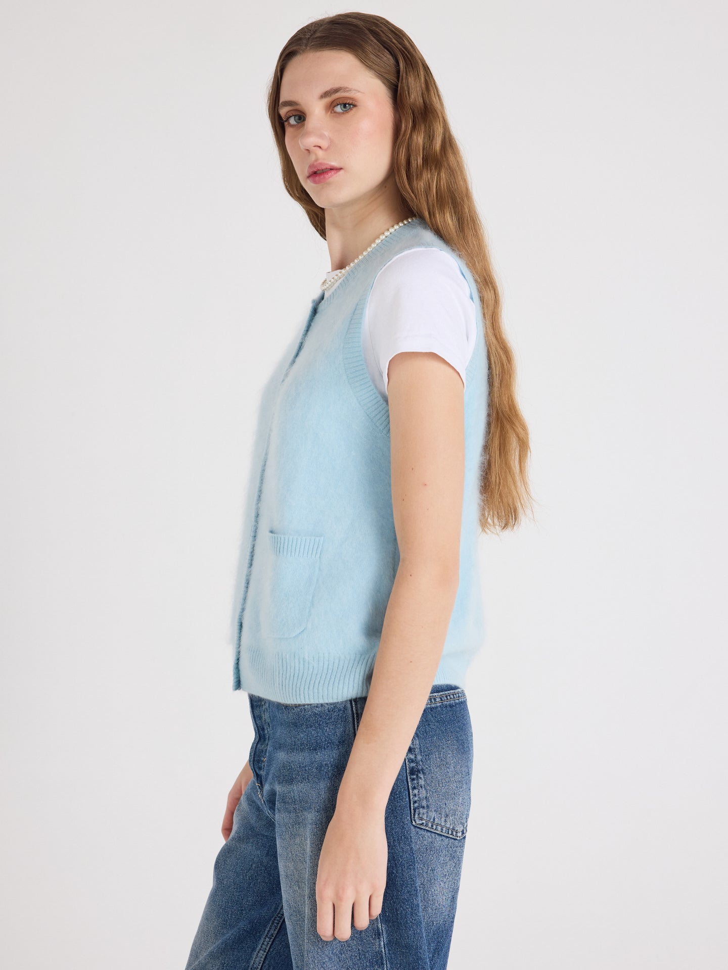 gilet lana - cachemire brossé - sky