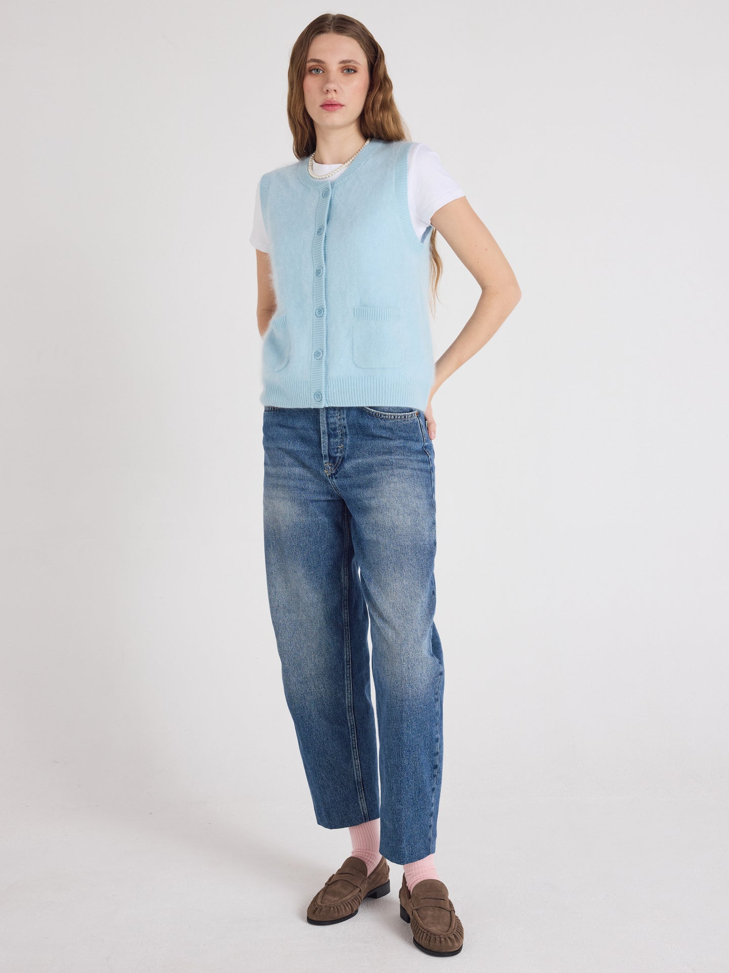 gilet lana - cachemire brossé - sky