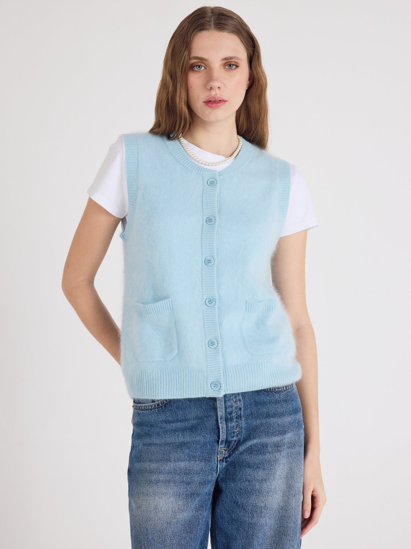 gilet lana - cachemire brossé - sky