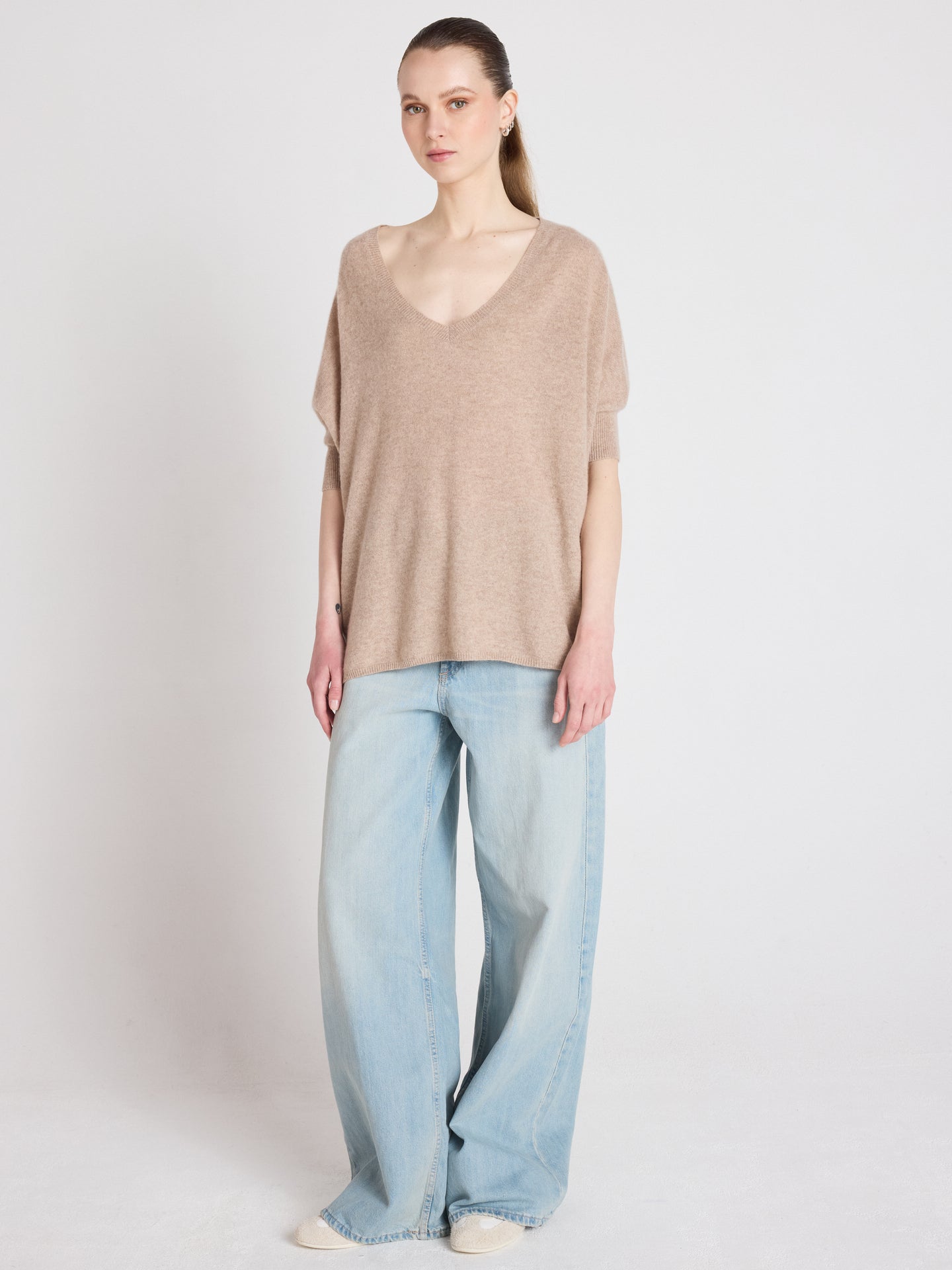 pull poncho à bande ingrid - cachemire - chestnut