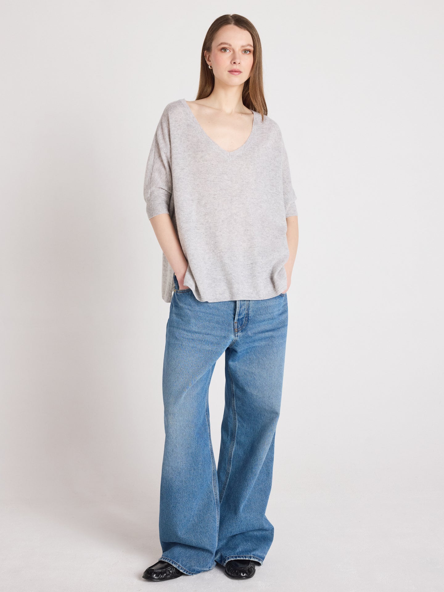 pull poncho à bande ingrid - cachemire - light heather grey