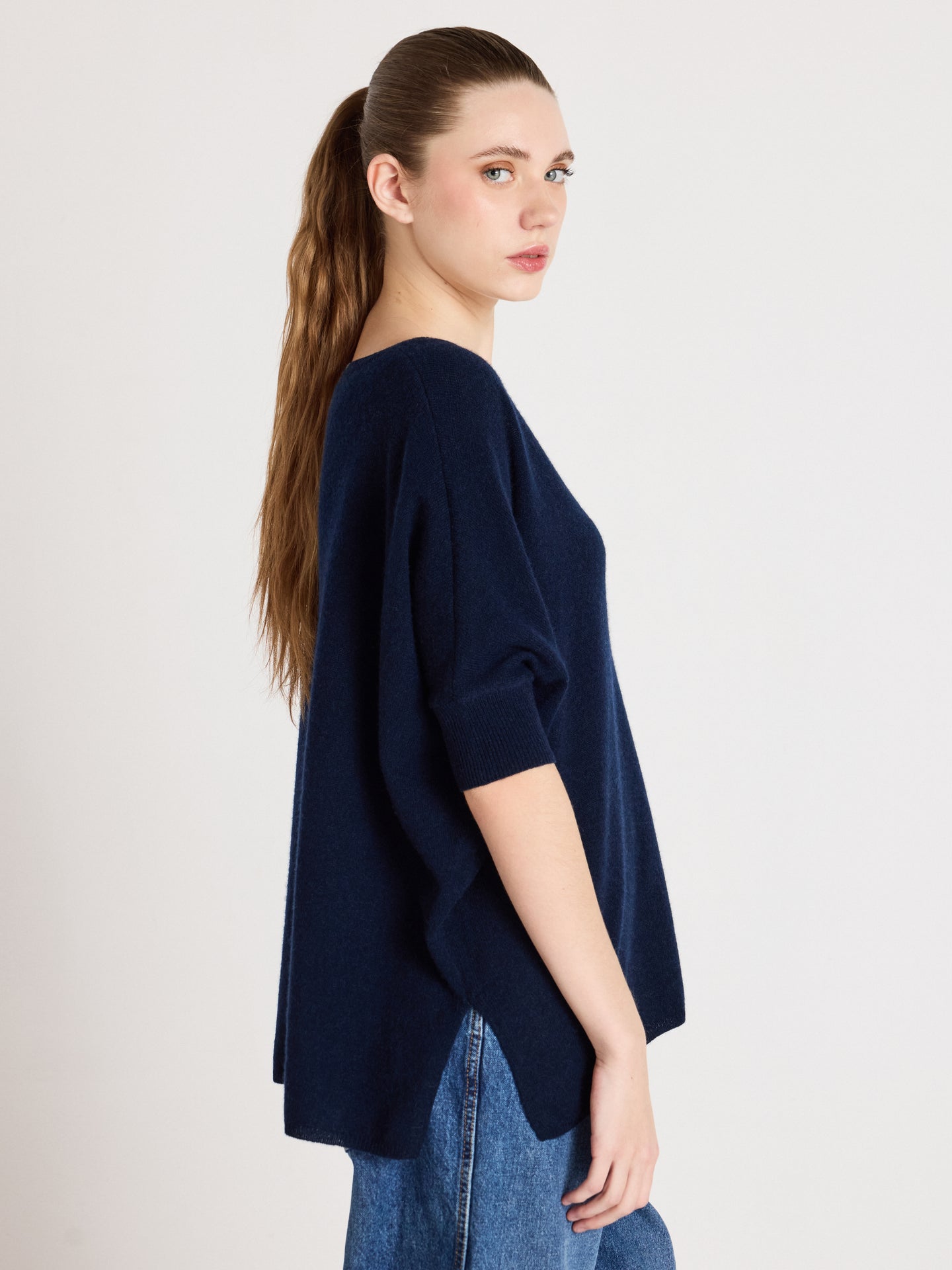 pull poncho à bande ingrid - cachemire - navy