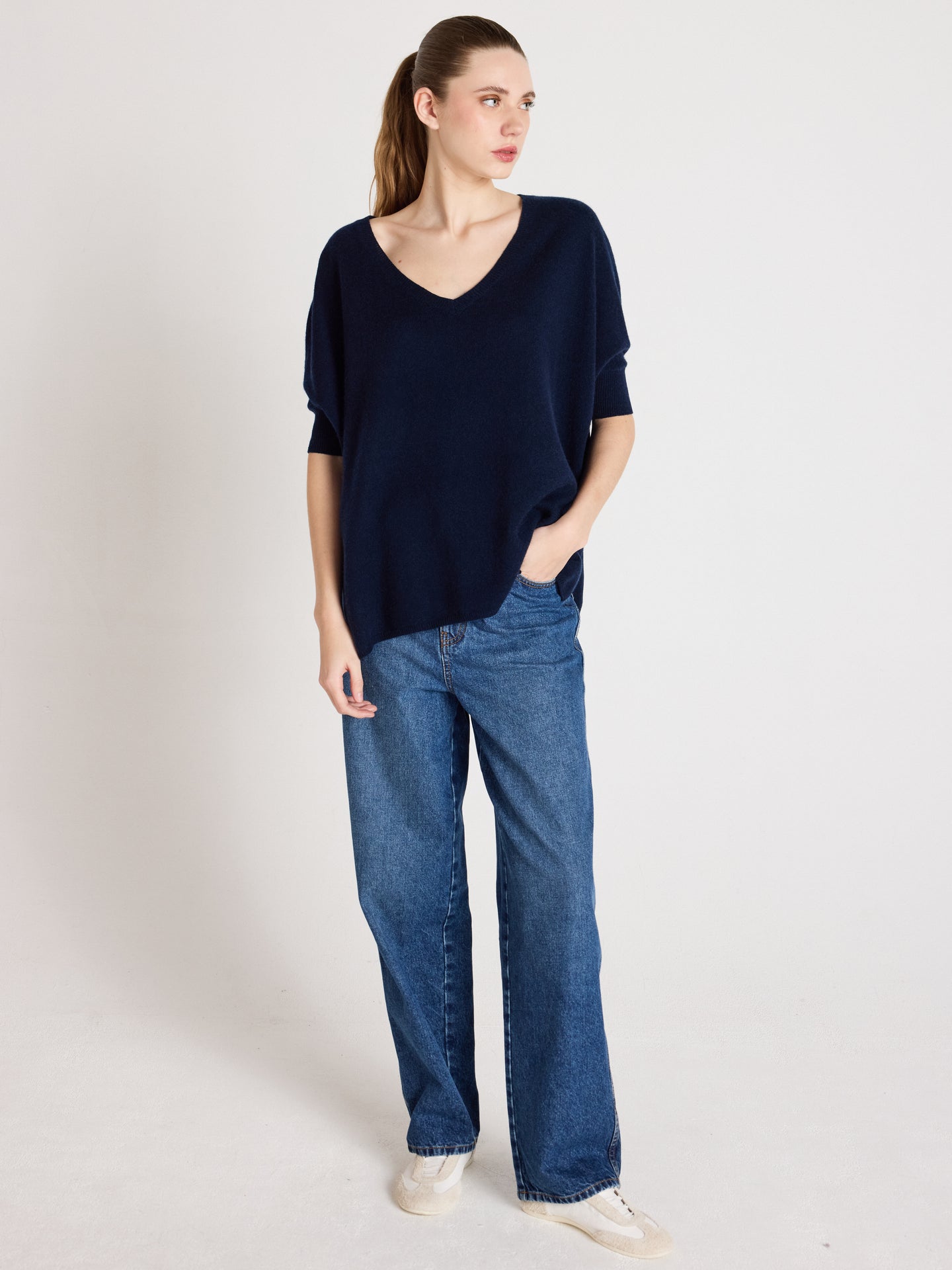 pull poncho à bande ingrid - cachemire - navy