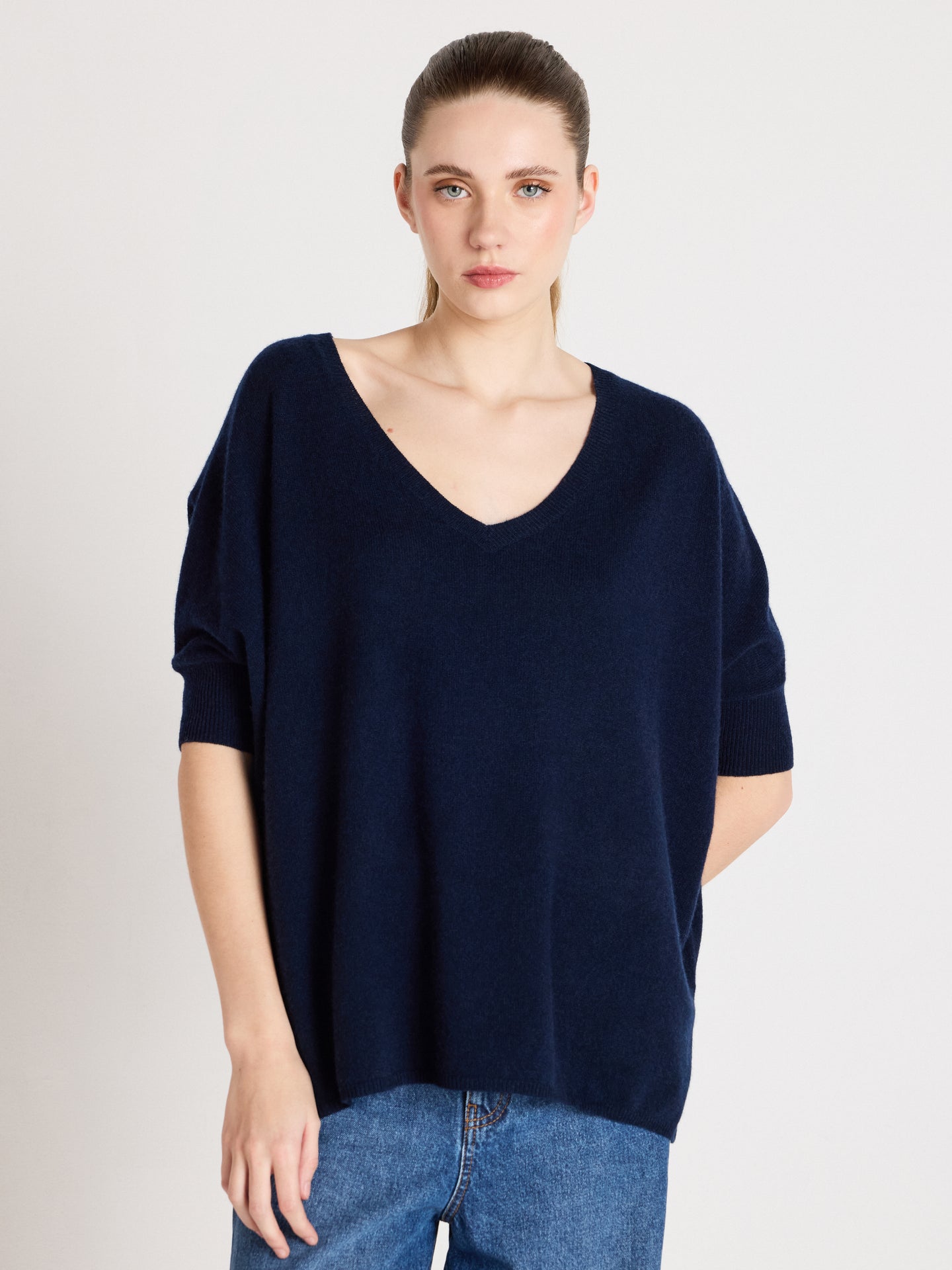 Ingrid - Kaschmirponcho mit V-Ausschnitt - Navy