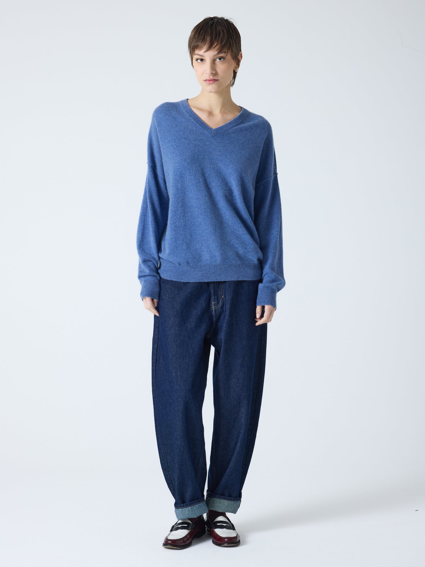 arden - Pull col V 100% cachemire - denim