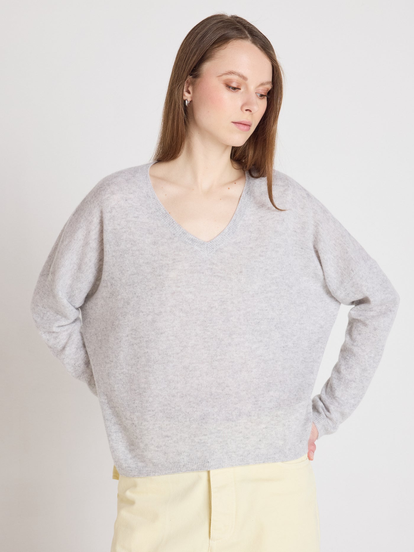 alicia - Maglione a V in cashmere - light heather grey