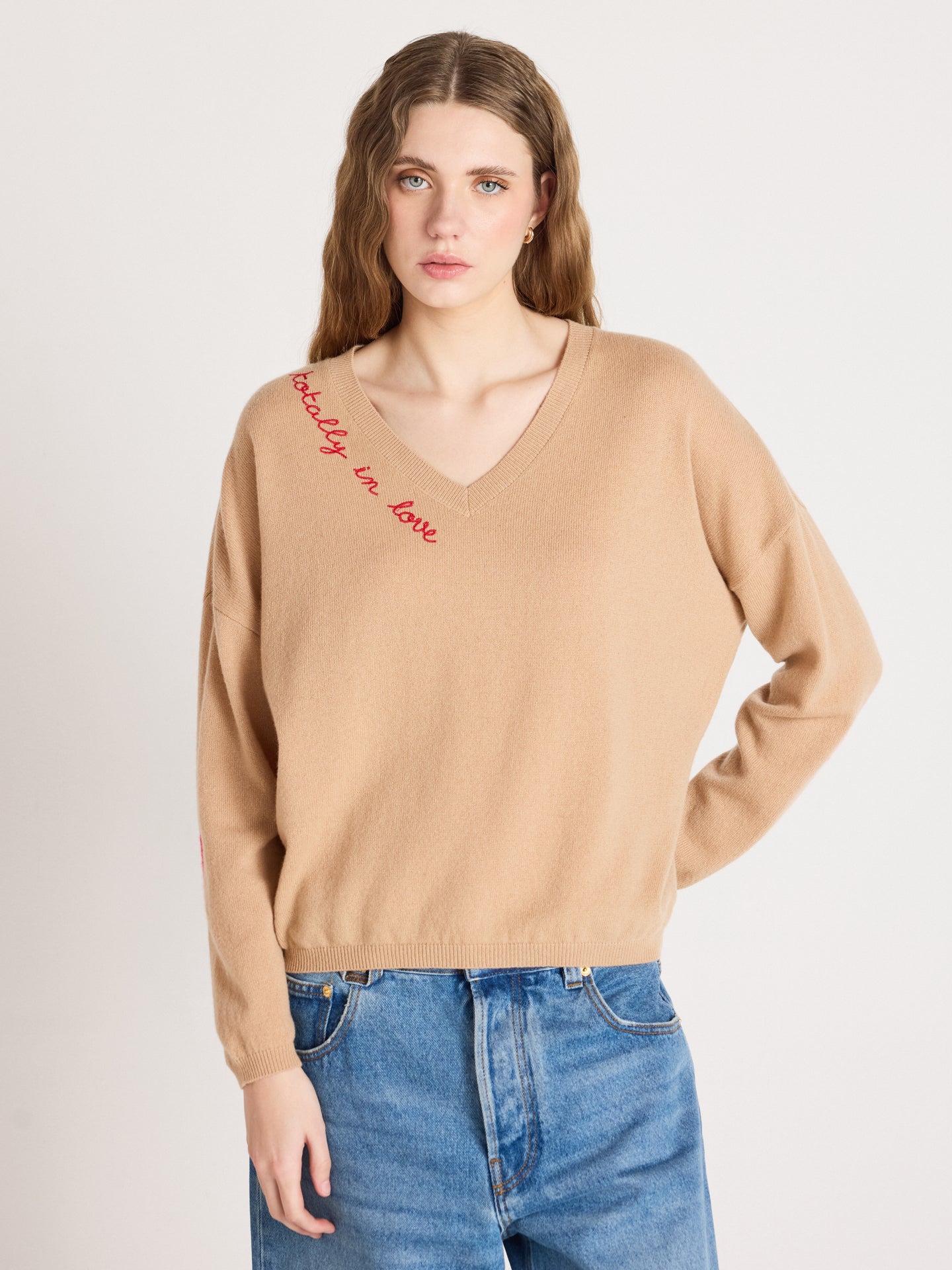 kennedy - Pull col V brodé en cachemire - shell