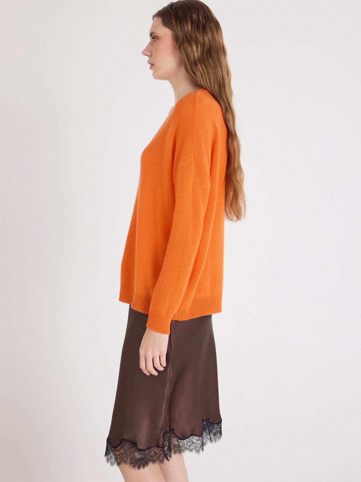 angelica - Pull col V en cachemire - orange