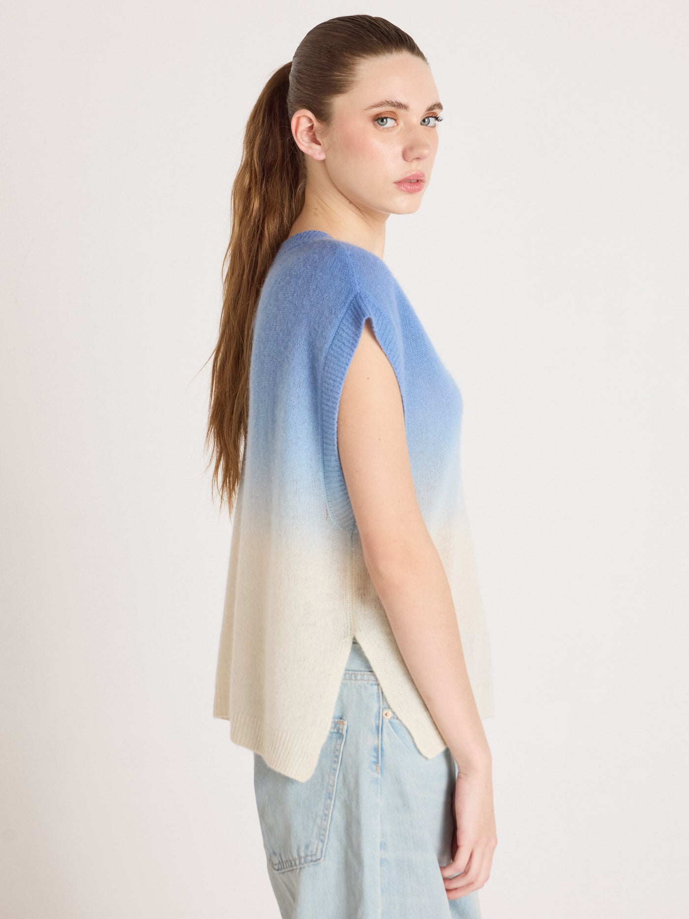 samantha - Zonder mouwen trui van kasjmier - dip dye blue