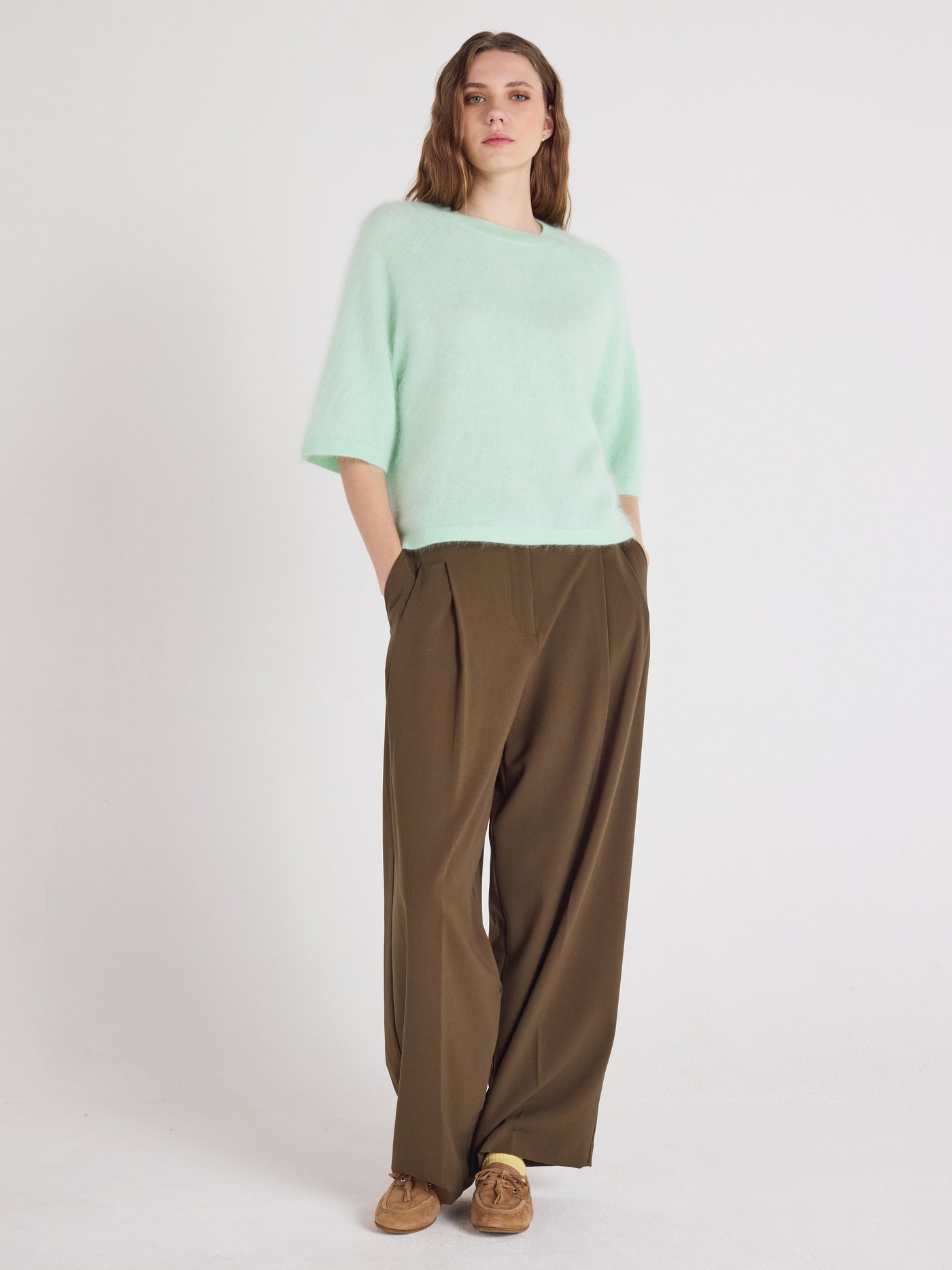 jenna - Pull col rond en cachemire brossé - nile green