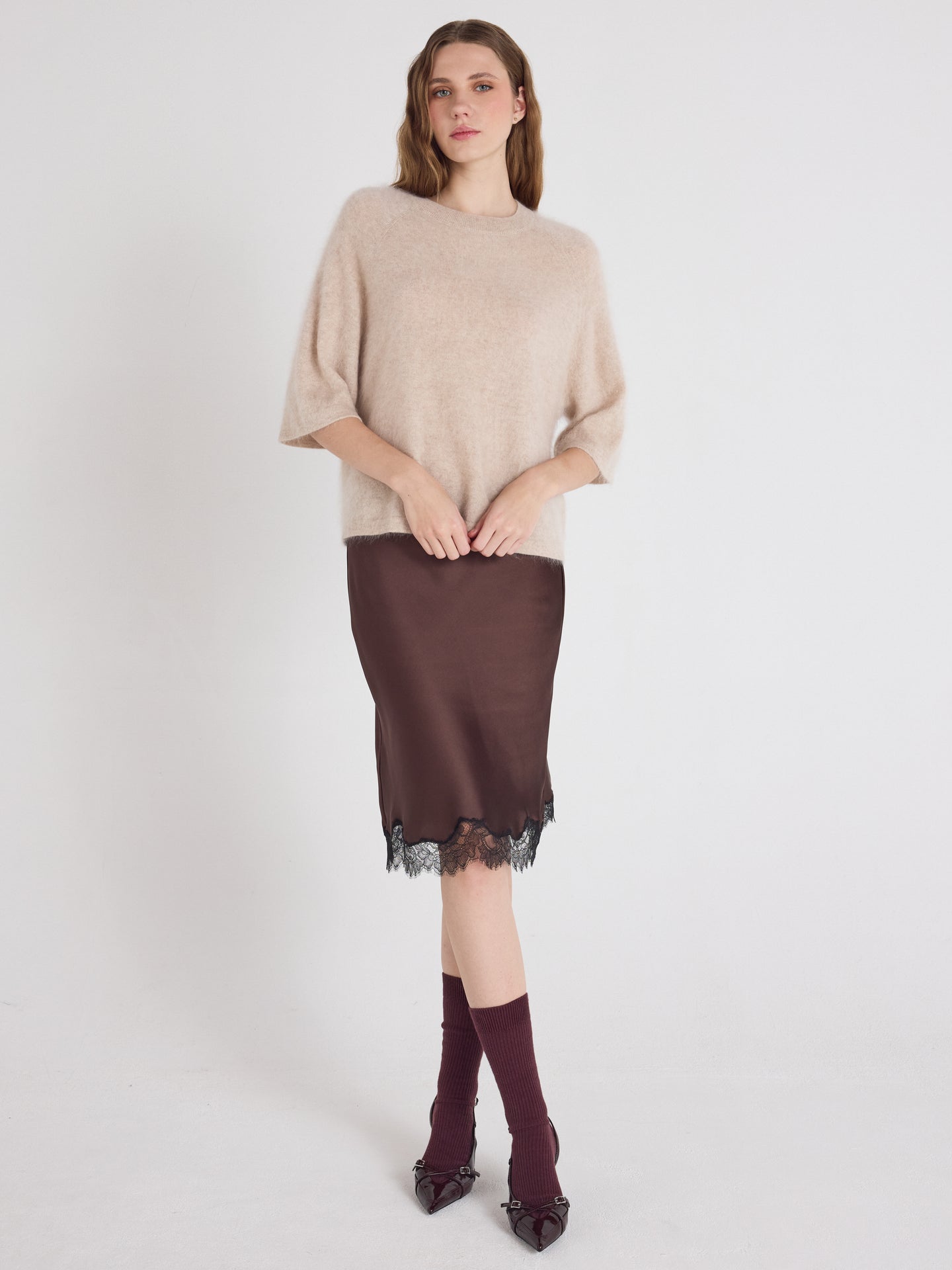 jenna - Brushed cashmere round-neck sweater - oat