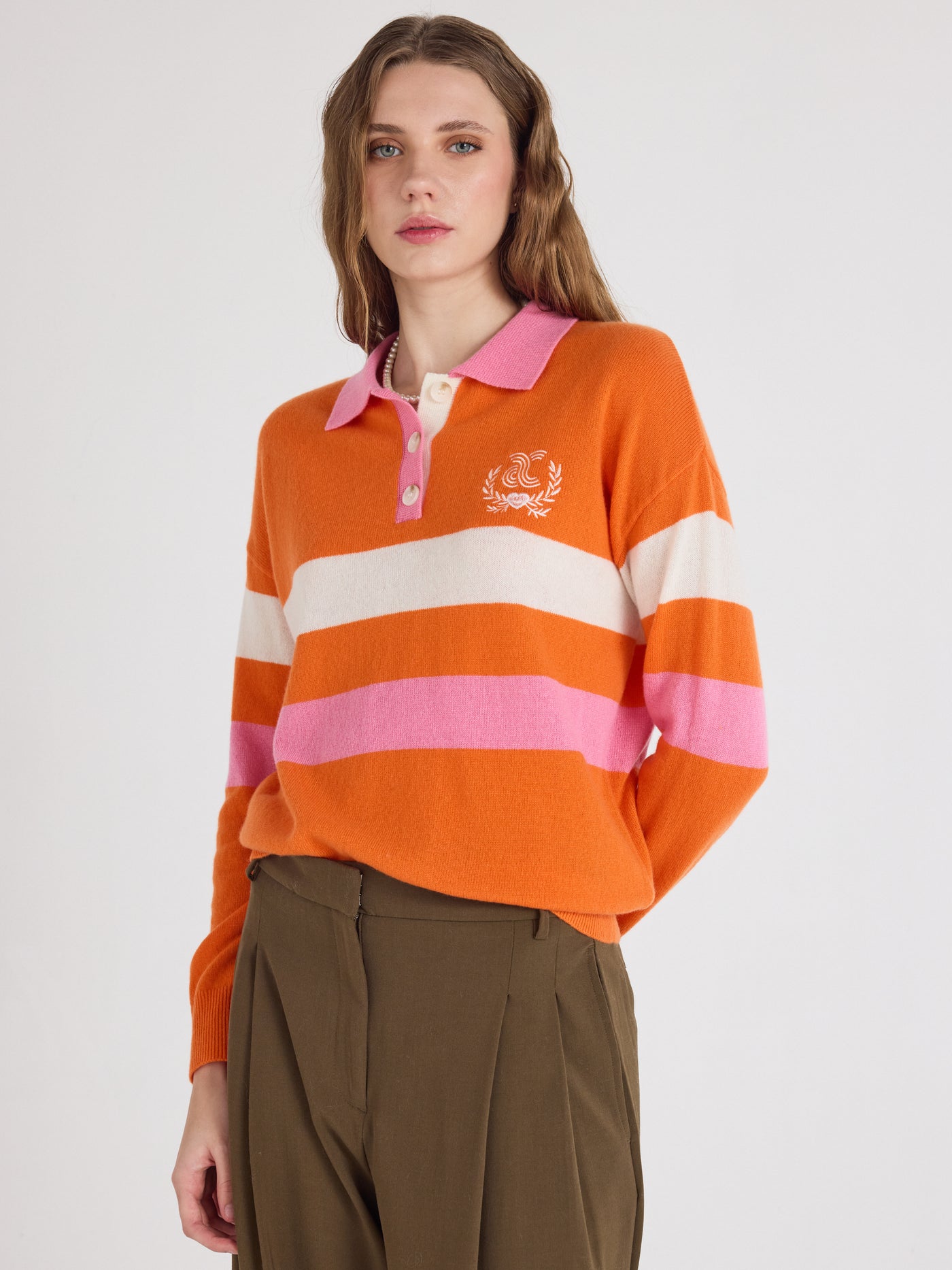 Cora - Patterned cashmere polo shirt - orange