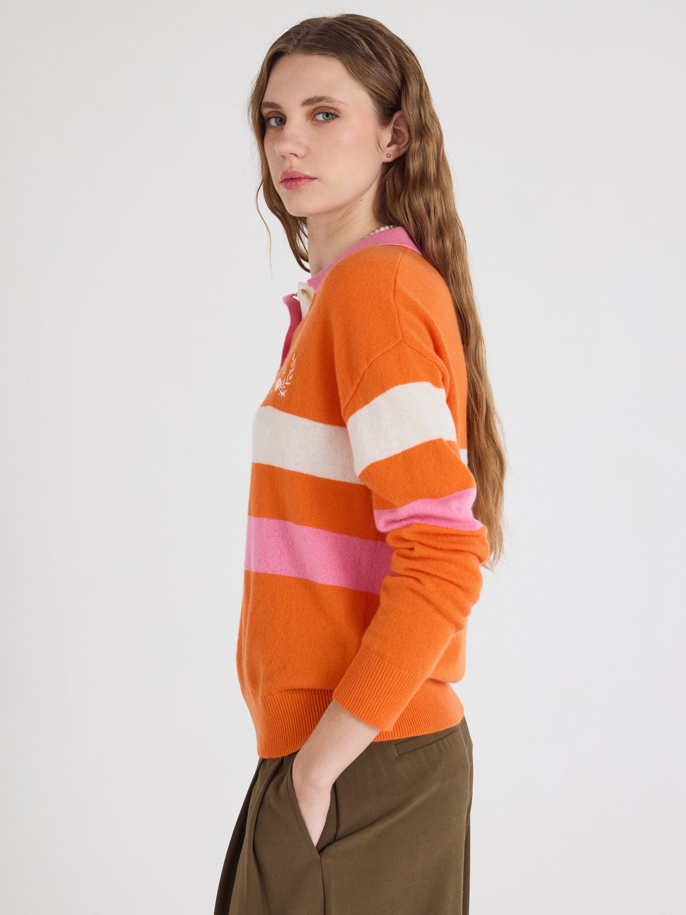 Cora - Patterned cashmere polo shirt - orange