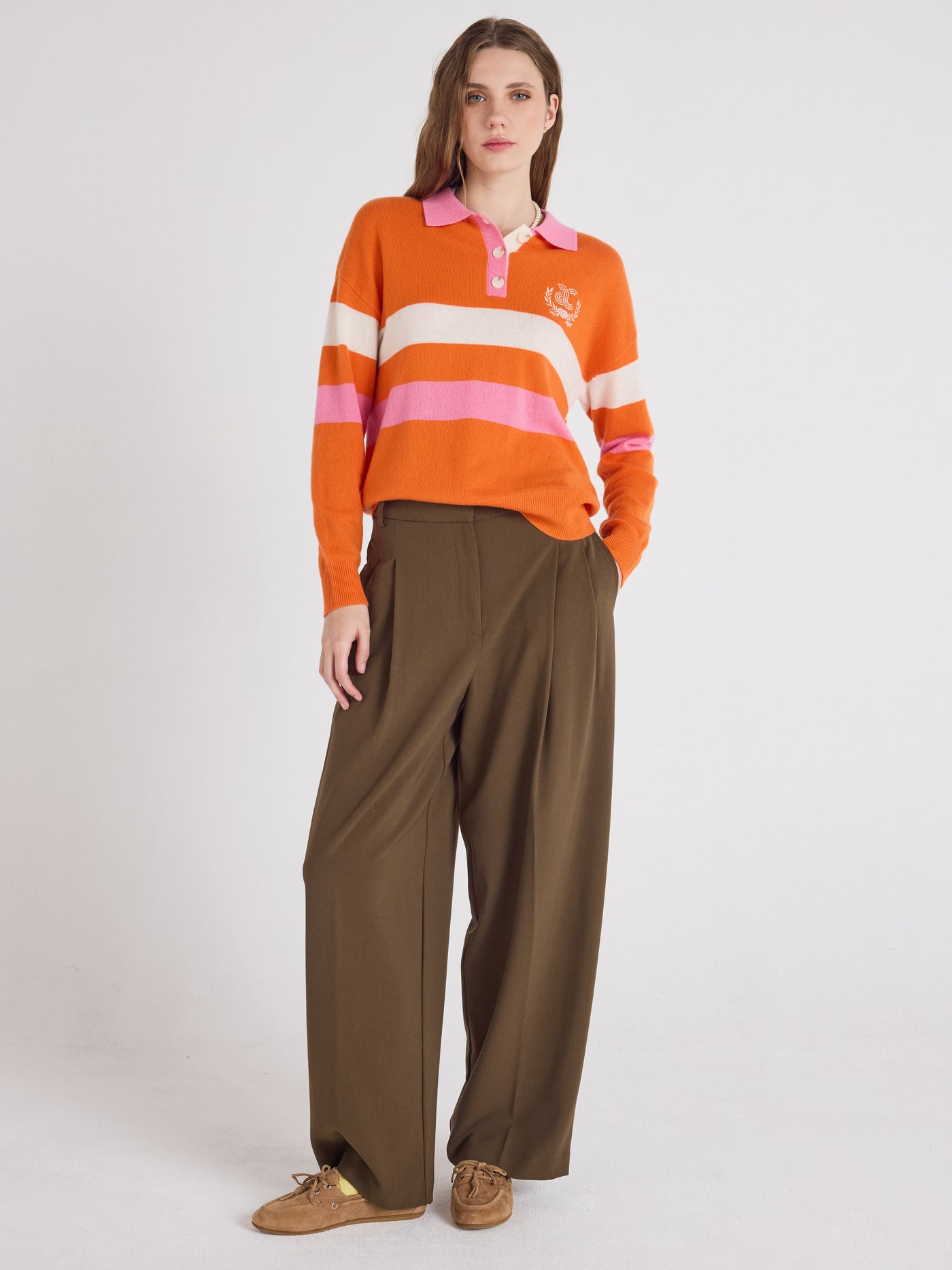 Cora - Patterned cashmere polo shirt - orange