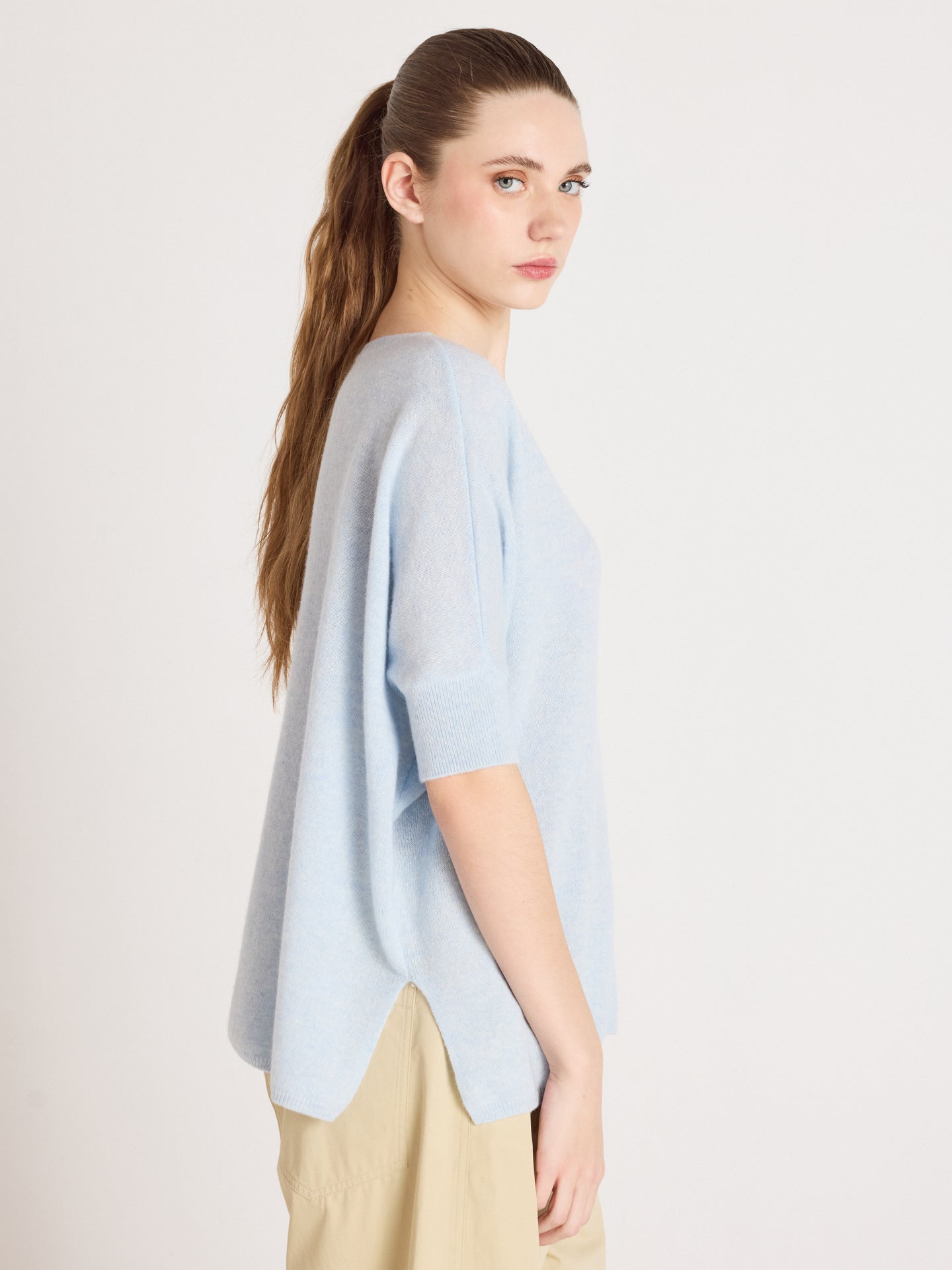 pull poncho manches courtes kate - Maglia poncho 100% cashmere - heathered sky