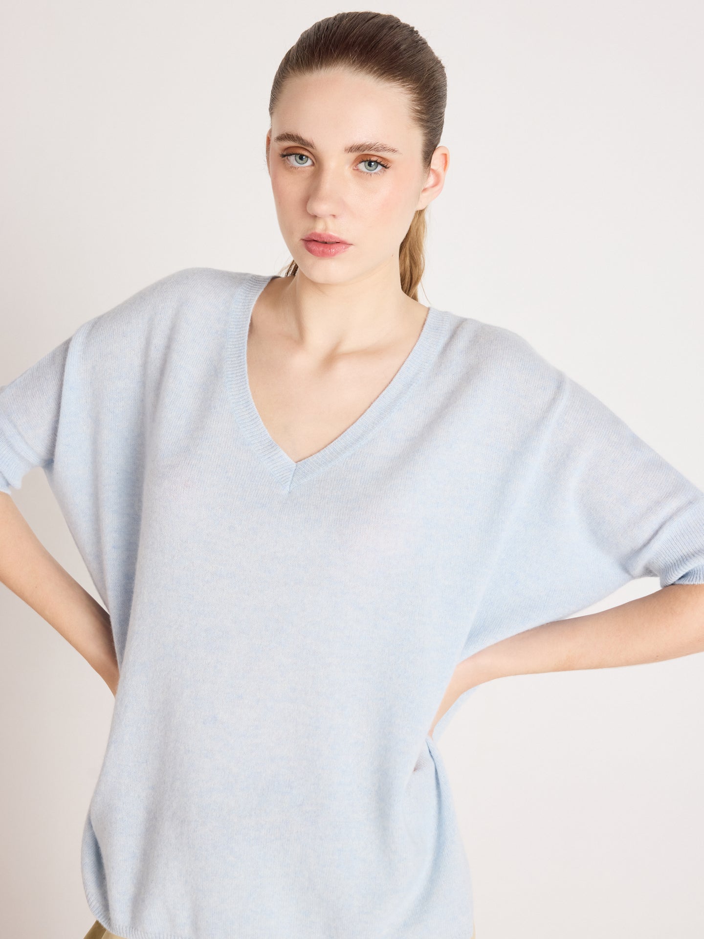 pull poncho manches courtes kate - Maglia poncho 100% cashmere - heathered sky