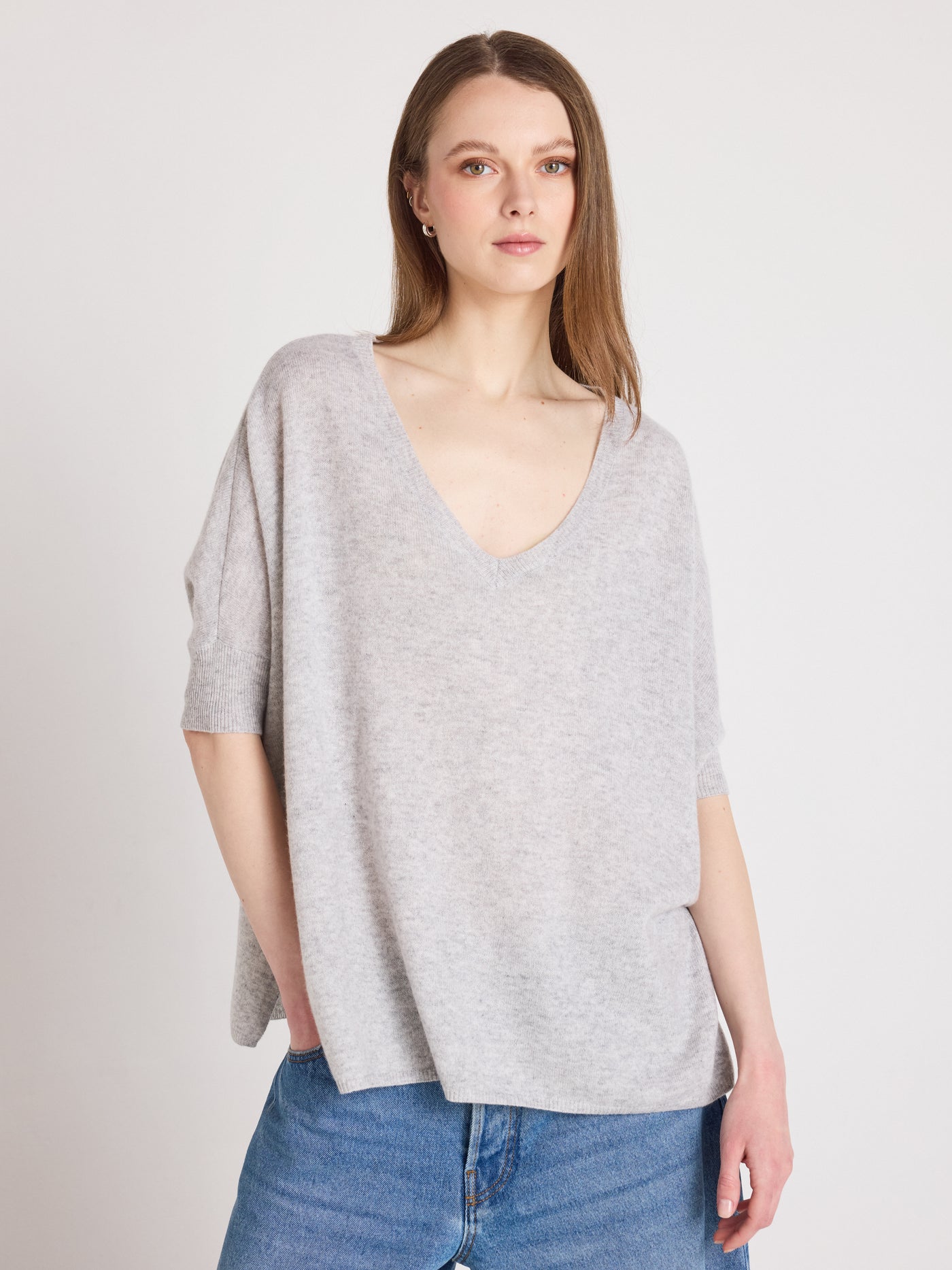ingrid - Pull poncho col V en cachemire - light heather grey