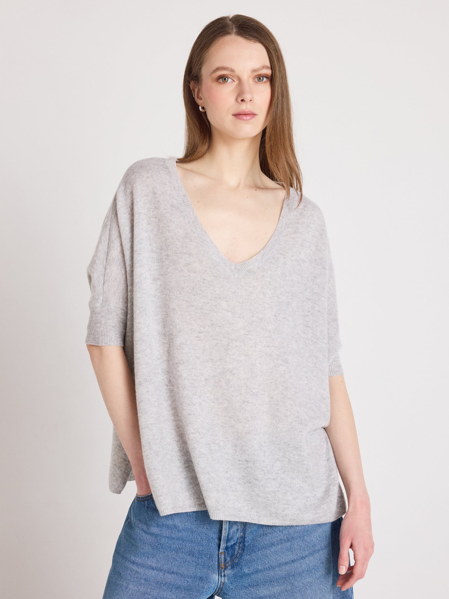 Ingrid - Kaschmirponcho mit V-Ausschnitt - light heather grey