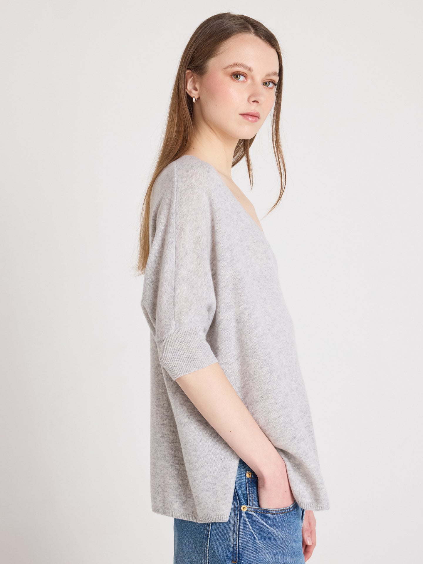 Ingrid - Kaschmirponcho mit V-Ausschnitt - light heather grey