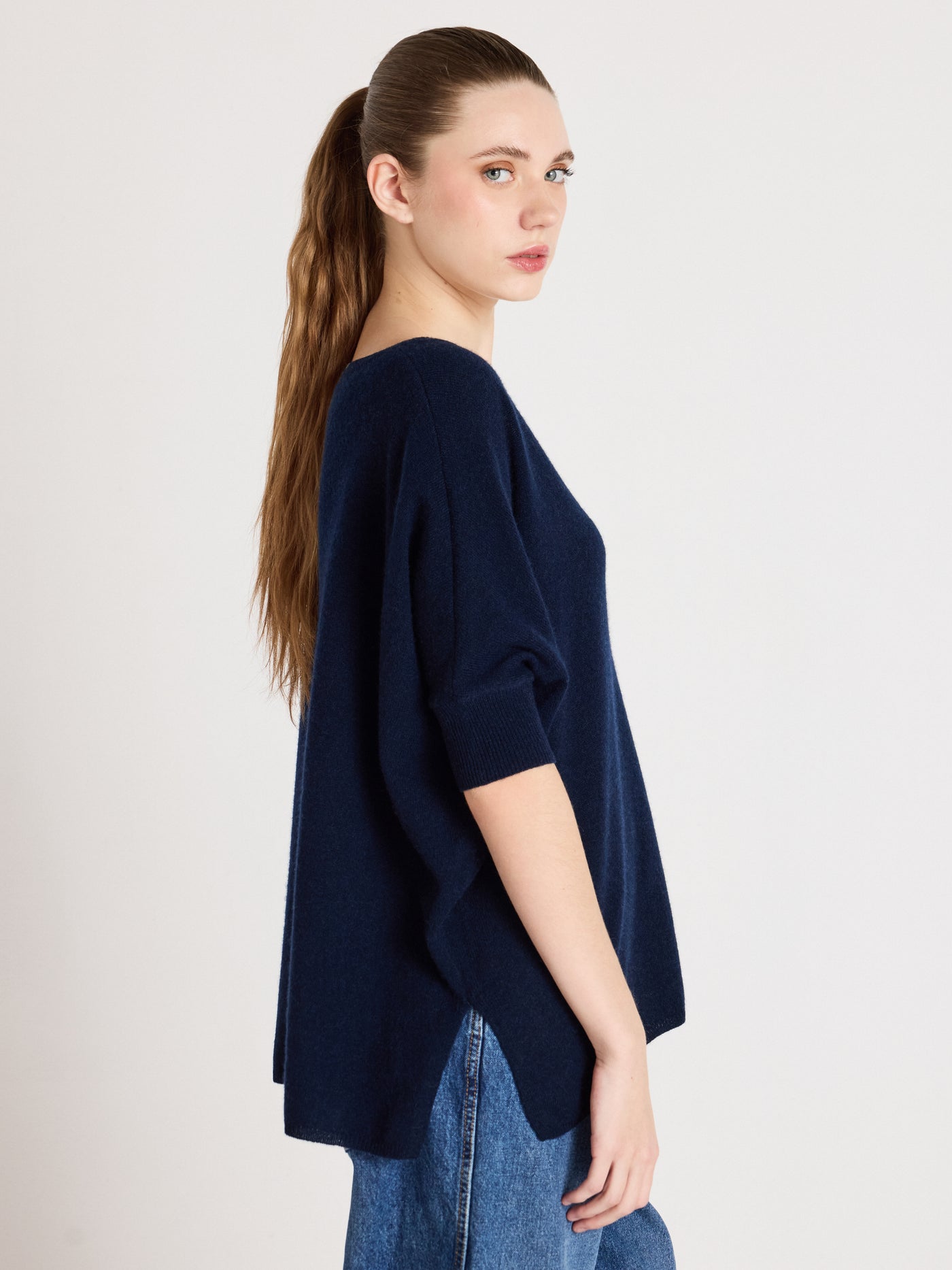 ingrid - Maglia poncho a V in cashmere - navy