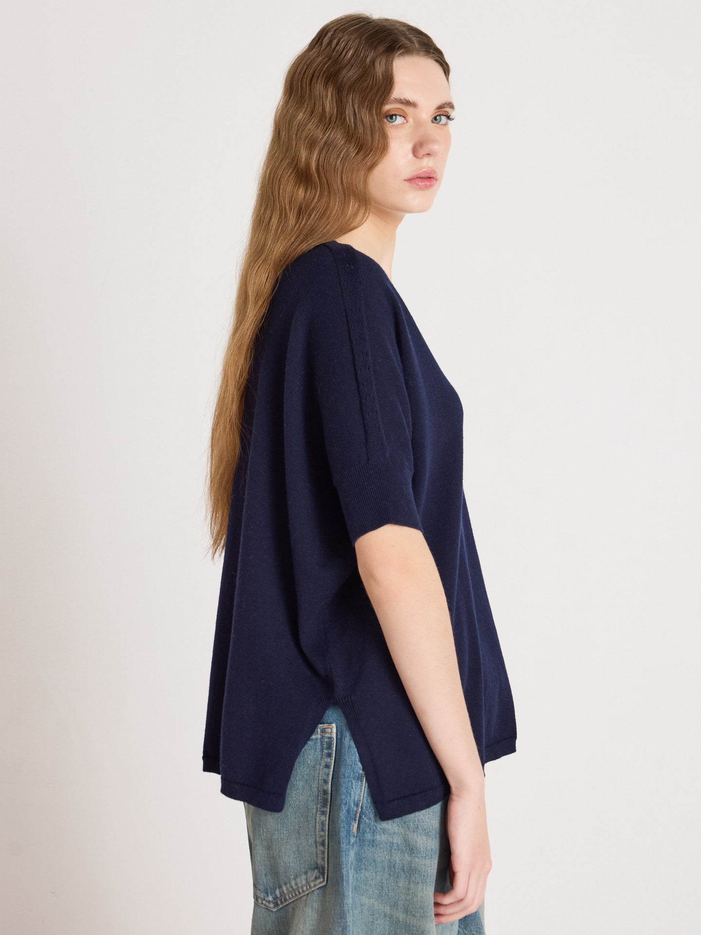 alyssa poncho sweater - cotton cashmere - navy