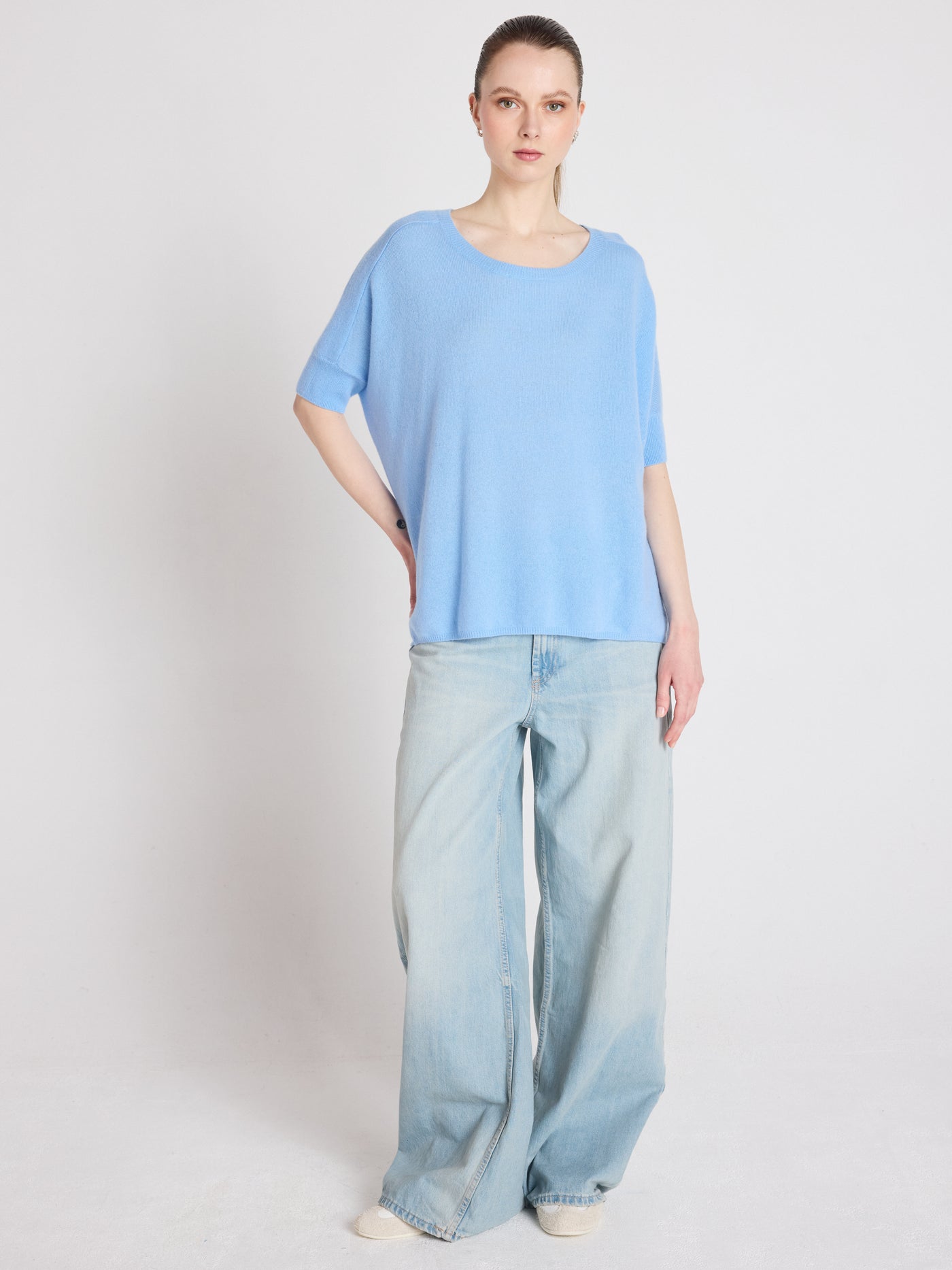 joyce - Cashmere round neck poncho - provence blue