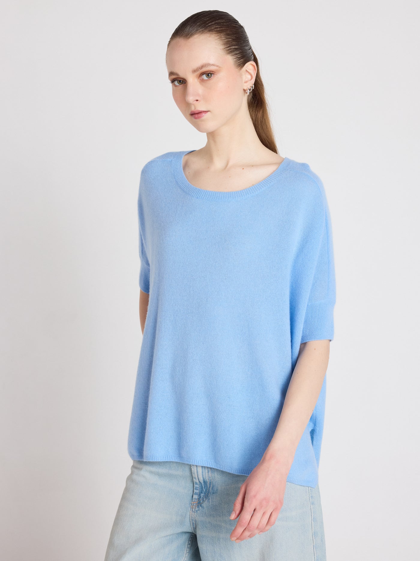joyce - Cashmere round neck poncho - provence blue