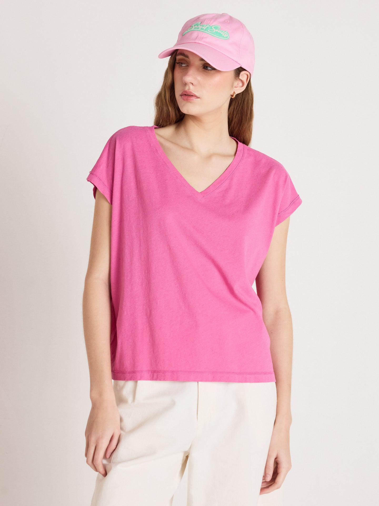 t-shirt col v suzie - coton lin - indian pink