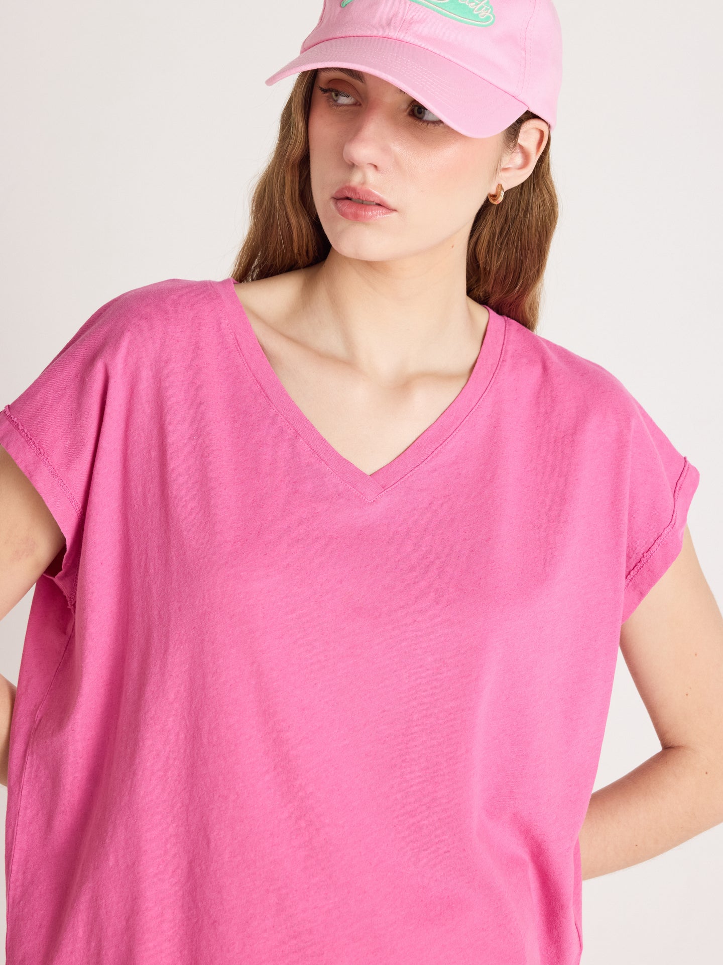 t-shirt col v suzie - coton lin - indian pink